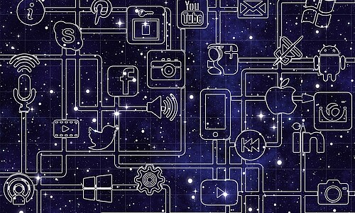 Icons von großen Internetfirmen mit Strichen verbunden